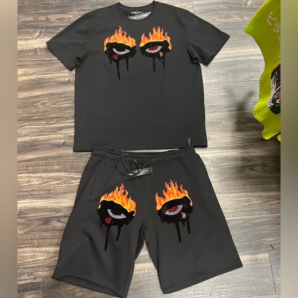 Black Athletic Shorts with Flame Design